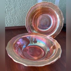 Vintage Federal Glass Normandie Bouquet Lattice Marigold Iridescent Fruit Bowls